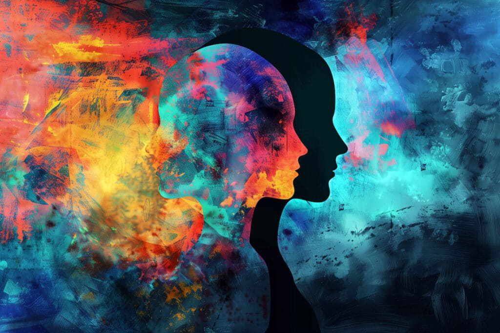 Illustration of psychological trauma multicolored silhouette of a person's side profile with dark silhouette behind it