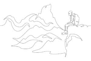 line drawing of young man at the top of a mountain relaxing