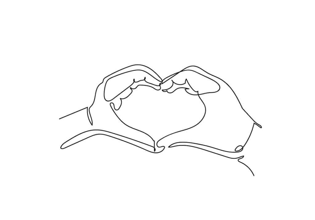 continuous line drawing of hands forming a heart