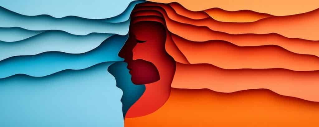 Abstract head silhouette with layered paper cut design in gradient colors